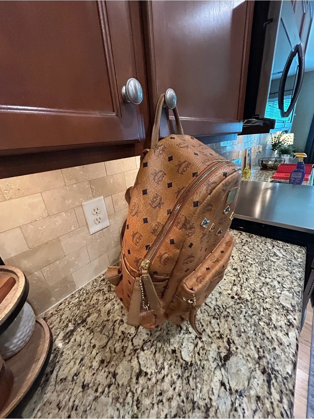 MCM Cognac Visetos Backpack Large with mcm bone bag charm and coa card.